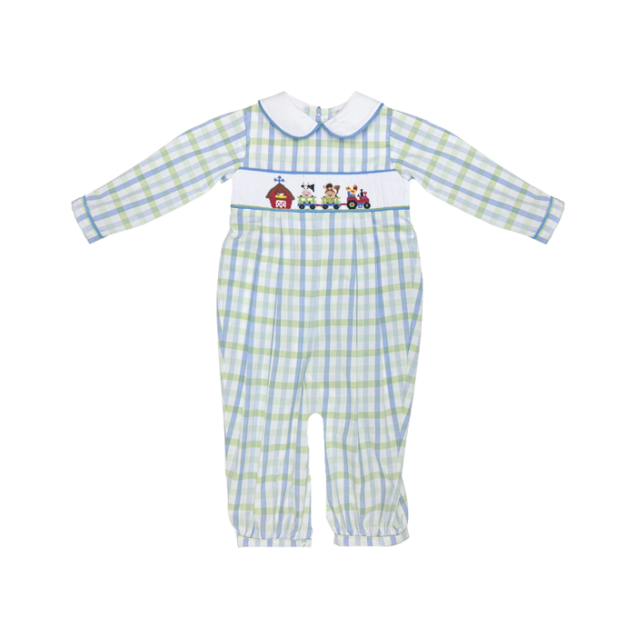 Zuccini Kids’ Wingate Plaid Infant Boys Farm Bubble combines timeless plaid with charming farm-inspired smocking and a crisp white Peter Pan collar edged in blue piping. This adorable outfit wraps your little one in classic style and comfort, perfect for creating cherished memories.
