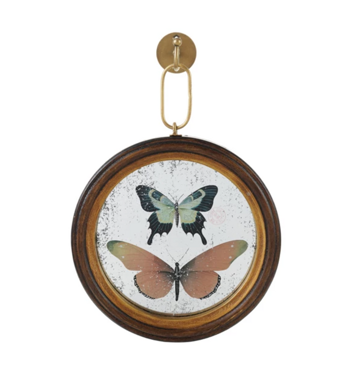 Wood Framed Antique Mirror Wall Decor with Butterflies & Metal Wall Hook